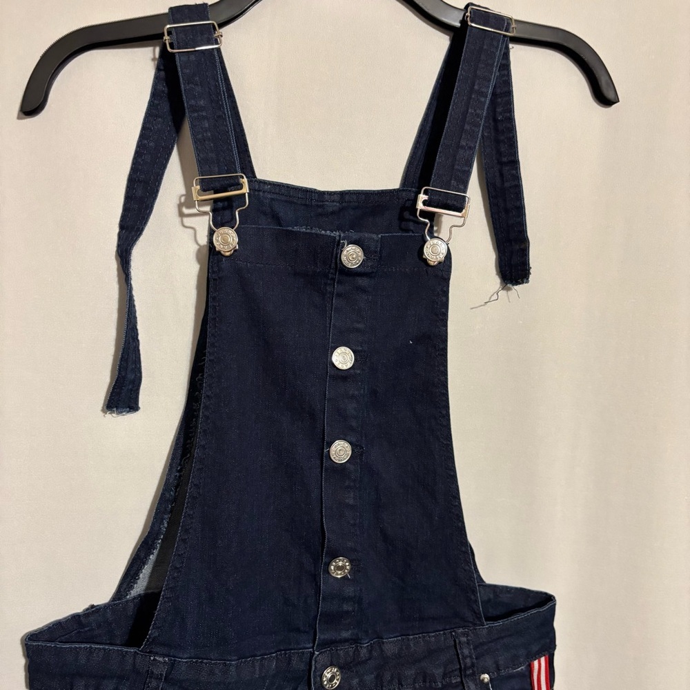 Unbranded XL Dark Wash Denim Bib Overalls Skirt with Side Red White Stripes - Picture 3 of 7